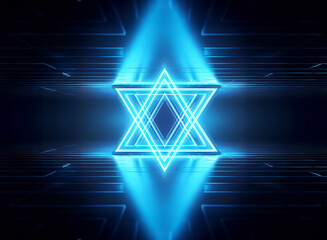 Aufkleber - A vibrant neon blue six-pointed star intensely illuminates a dark geometric space with luminous streaks, creating a futuristic and abstract design.