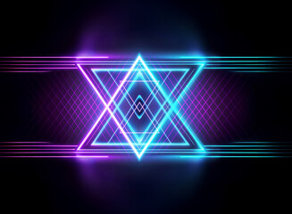 Aufkleber - Abstract image featuring vibrant neon triangles in blue and purple hues against a dark backdrop. Geometric shapes create a dynamic and futuristic visual effect with glowing lines.
