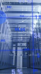 Poster - Animation of data processing and mathematical equations against empty computer server room