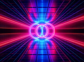 Aufkleber - Abstract vibrant image with glowing pink, blue, and red lines, forming circles and geometric grid patterns. A futuristic perspective with neon light and optical illusion effect.