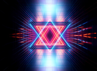 Aufkleber - Vibrant geometric shape glows with blue and red neon lights.  Light rays emanate from the center in a dark, abstract, and futuristic setting.