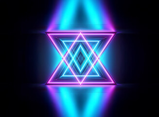 Aufkleber - Geometric neon triangles create an illuminated shape against a dark backdrop, reflecting blue and purple light. Futuristic and vibrant aesthetic.