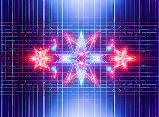 Aufkleber - Abstract geometric artwork with vibrant neon lights. Features star shapes and grid patterns in blue, pink, and red colors, creating a futuristic digital effect.