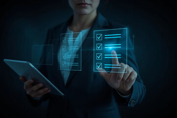 Poster - Businessman finger selecting checklist item on virtual interface, representing task management, productivity, planning, decision making, and digital workflow in modern business.