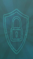 Poster - Animation of security padlock icon over light spot and radial rays on blue gradient background