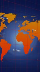 Poster - Animation of numbers floating over world map against plexus networks on blue background