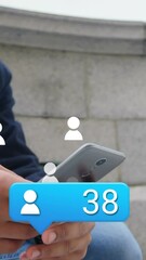 Poster - Animation of profile icon with increasing numbers over mid section of man using smartphone