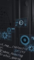 Poster - Animation of round scanners, data processing and mathematical equations against server room
