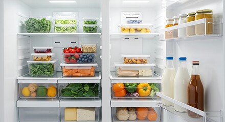 Fototapete - Well-organized refrigerator interior with various food items.