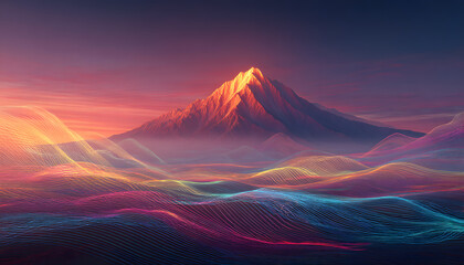 Poster - A vibrant digital landscape showcasing a majestic mountain at sunset, with colorful waves of light creating a surreal atmosphere, perfect for backgrounds or tech-related projects