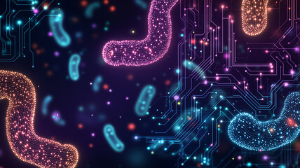 Poster - Vibrant digital illustration depicts fusion of microbiome elements and circuit patterns, symbolizing intersection of technology and gut health. glowing bacteria and circuitry create futuristic