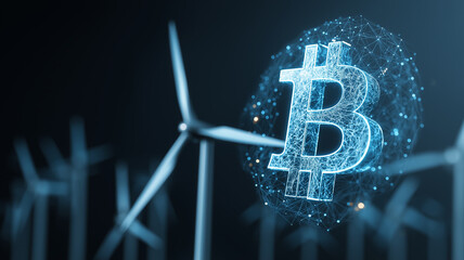 Poster - Digital representation of Bitcoin symbol is overlaid on background of wind turbines, symbolizing intersection of cryptocurrency and renewable energy. image conveys innovation and sustainability