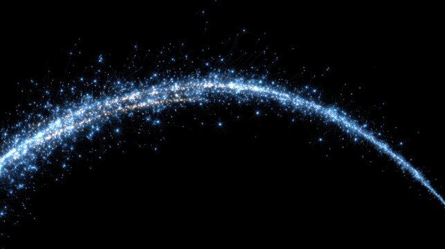 Single blue firework trail arcing beautifully with tiny sparkling particles on a seamless black background.