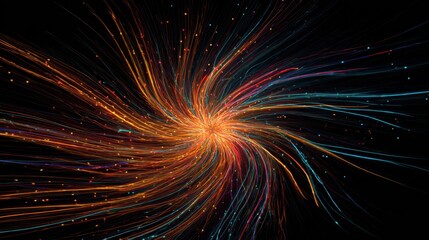 Poster - Neon-hued firework trails spiraling dynamically outward against a rich, untextured black background.