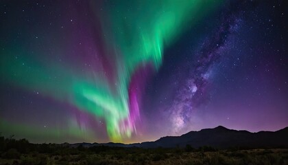Silhouette of a pine tree landscape against a starry night sky with northern lights
1