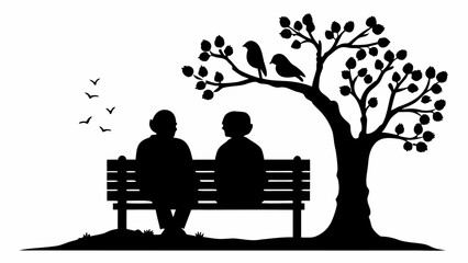 silhouette of two people on a bench under a tree with birds flying and perched on branches in black 