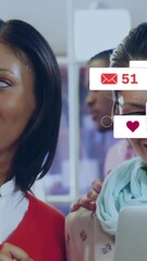 Poster - Animation of multiple notification bars over happy diverse coworkers discussing in office