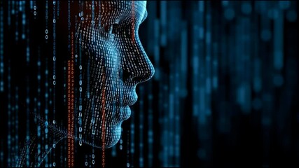 Poster - Futuristic Digital Face Silhouette with Binary Code and Glowing Elements Representing Artificial Intelligence and Technology Advancement