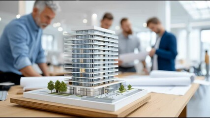 Poster - Detailed Close-up of Architectural Model with Designers Collaborating in Modern Office Environment Around Blueprints and Planning Materials