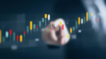Poster - Navigating Market Trends: A hand interacting with an intricate data visualization representing market growth, with a keen focus on the dynamic interplay of trends.