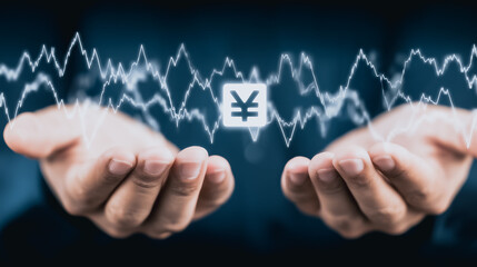 Poster - Financial Fortress: A digital representation of currency value, showcasing the interplay of market trends, visualized within the supportive grasp of human hands.