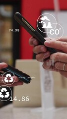 Poster - Animation of ecology symbols and data processing over diverse people paying with smartphone