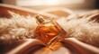 © Ganang - Amber perfume bottle on a satin surface.