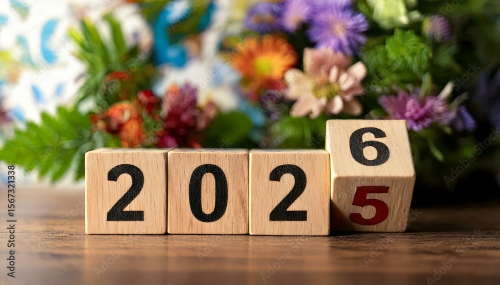 Wooden blocks displaying the year 2025 transitioning to 2026 with a ...
