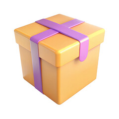 Wall Mural - 3d orange gift box with purple ribbon isolated on transparent background
