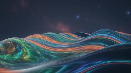Poster - Abstract Liquid Landscape: An abstract digital rendering of a mesmerizing landscape, reminiscent of flowing liquid, with vibrant, iridescent colors and subtle cosmic elements.