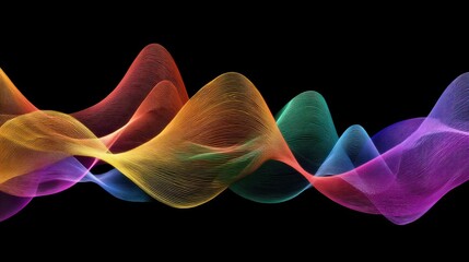 Poster - Multi-layered, colorful waveform lines overlapping in smooth oscillating patterns on black.