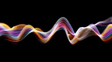 Poster - Multi-color digital waveform pulses in rhythmic waves, isolated on pure black.