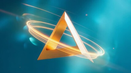 Poster - Golden Geometric Abstraction: A luminous golden triangle hovers gracefully amidst swirling, ethereal rings, a dance of light and form on a gradient background, symbolizing innovation and design.
