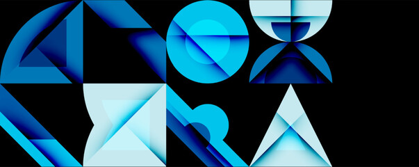 Poster - Abstract geometric shapes, blue gradients, modern design. Composition features triangles, circles, squares, hourglass form. Minimalist aesthetic.