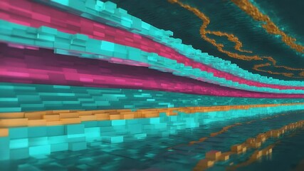 Poster - Digital Block Tunnel: An abstract 3D rendering of a vibrant tunnel constructed from colorful blocks, creating a futuristic and dynamic visual experience.