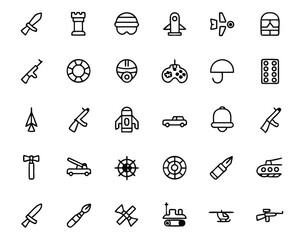 Poster - Comprehensive collection of military equipment symbols featuring tanks helicopters ships and communication devices presented in a clean modern graphic style for diverse applications