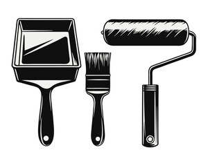 Poster - Collection of artistic tools and supplies featuring a paint brush roller and palette rendered in bold cmyk colors for creative projects and design
