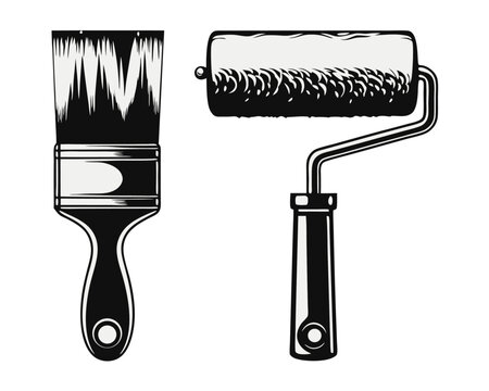 Collection of artistic tools including a paint brush roller and palette rendered in a clean modern graphic style with distinct color elements for creative projects