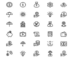 Poster - Comprehensive collection of essential personal finance symbols presented in a clean modern thin line style perfect for digital applications and financial planning resources