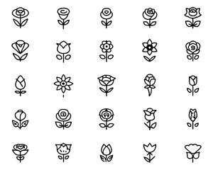Poster - Elegant collection of floral elements featuring a continuous line drawing style showcasing delicate rose blooms and botanical outlines for artistic applications