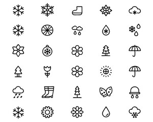 Poster - Comprehensive collection of forty distinct graphical elements representing the four seasonal periods including winter and spring motifs suitable for diverse design applications