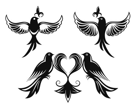 Collection of distinct silhouette designs featuring charming avian couples in various poses rendered in a striking black color palette for versatile creative applications