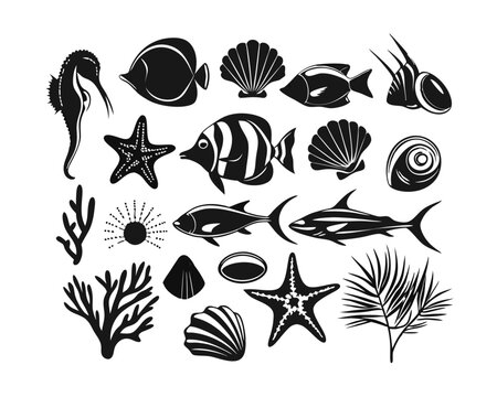 A diverse collection of aquatic creatures rendered in vibrant hues on a clean white backdrop showcasing a variety of marine life forms