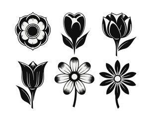 Poster - A collection of stylized floral emblems featuring delicate petals and simple botanical outlines rendered in a vibrant palette of black yellow cyan and magenta for versatile graphic applications