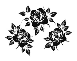 Poster - Elegant collection of three distinct black floral outlines showcasing delicate rose blossoms perfect for artistic and decorative applications