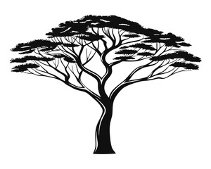 Poster - Elegant silhouette showcasing a distinctive acacia tree with its characteristic umbrella like canopy rendered in a clean graphic style with potential for vibrant color applications