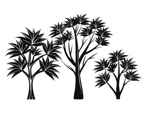 Poster - Collection of diverse natural foliage including trees shrubs and bushes presented as clean isolated silhouettes against a plain backdrop for versatile design applications