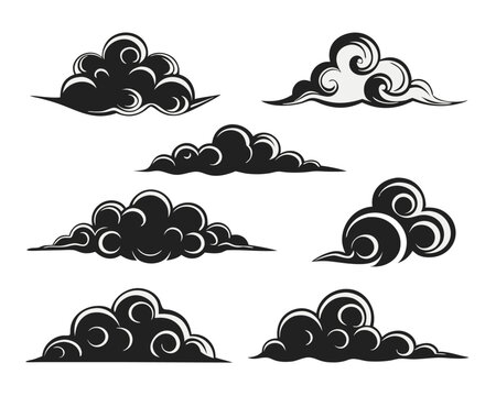 Architectural design elements a collection of stylized cloud silhouettes for blueprint visualizations and conceptual renderings in black and white
