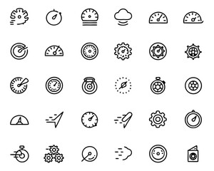 Poster - A comprehensive collection of outline symbols representing concepts of rapid movement gradual progression and general motion presented in a clean modern aesthetic with striking color accents