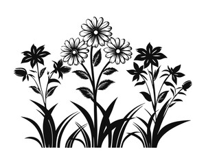 Poster - Delicate black and yellow floral silhouettes bloom in a garden setting showcasing a vibrant and natural composition perfect for decorative projects